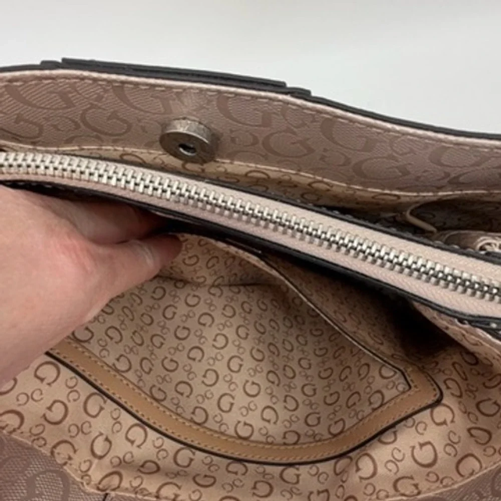 Guess Metallic Champagne Logo Satchel‎ Crossbody Handbag with Flower Charm